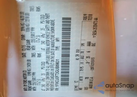 2016 Ford Escape S z USA, uszkodzony, nr VIN 1FMCU0F73GUB89831